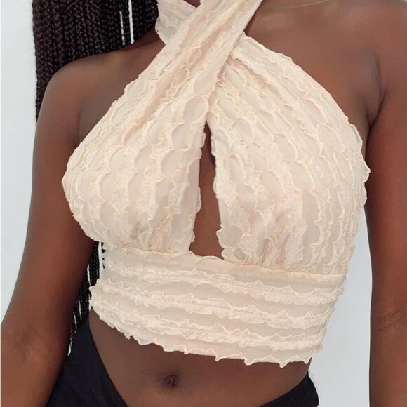 Princess Poly CHAYSE TOP BEIGE Halter cropped stretch deep V Size 12 NEW NWT - Picture 2 of 13